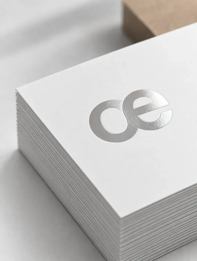 Kartenstapel mit silbern geprägtem OE-Monogramm