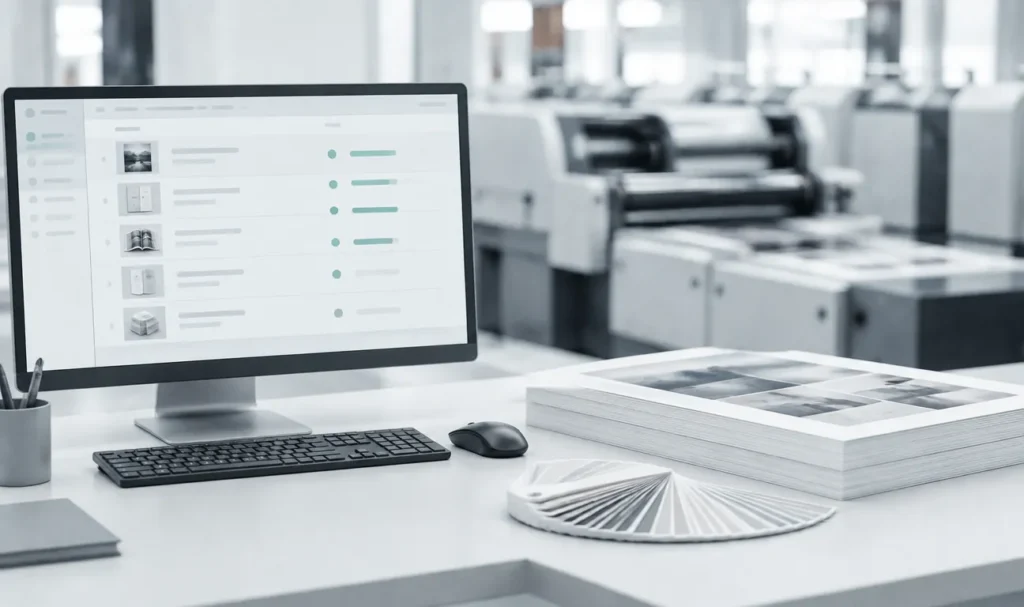 Bildschirm mit Bestellportal, im Hintergrund Druckmaschinen