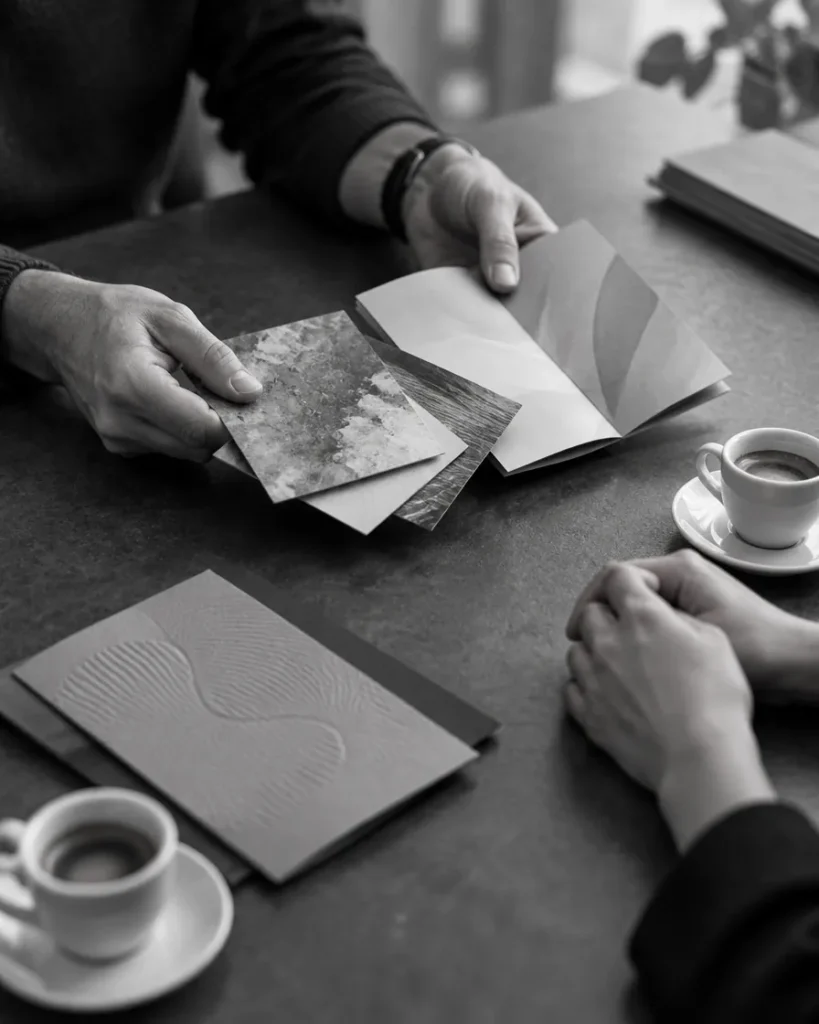 Beratungsgespräch am Tisch mit Papier- und Druckmustern