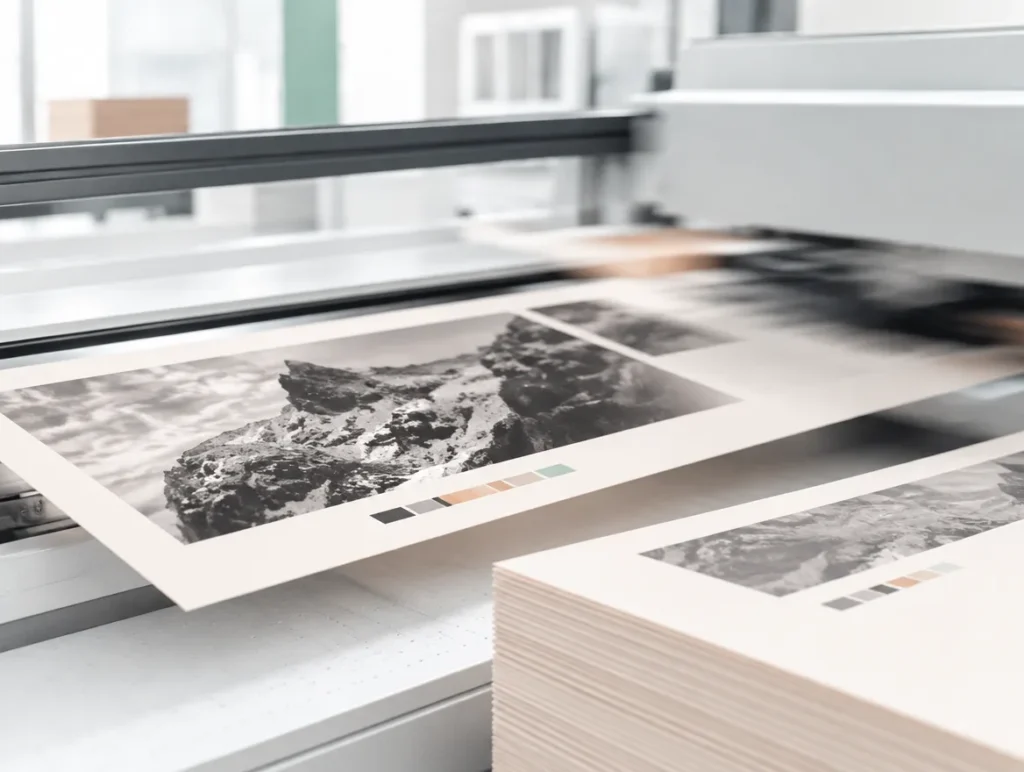 Bedruckter Bogen läuft aus einer Druckmaschine auf einen Papierstapel