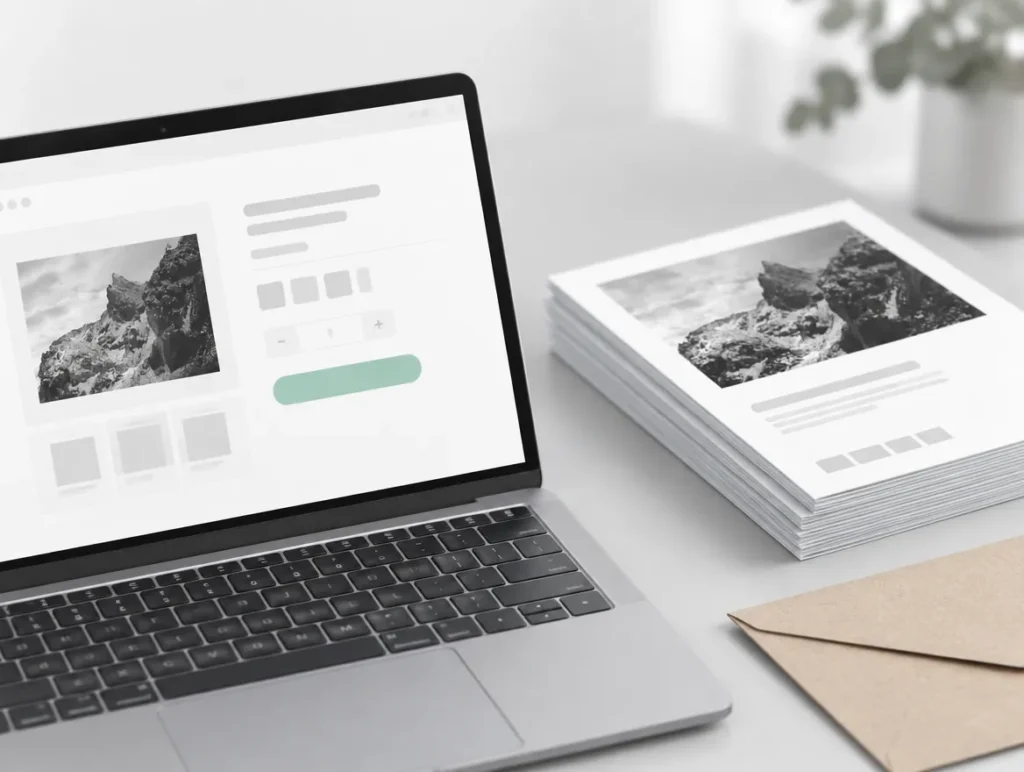 Laptop mit geöffnetem Bestellportal neben gedruckten Musterseiten