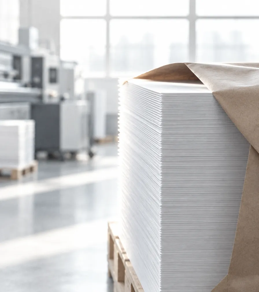 Hoher Papierstapel auf einer Palette in der Produktion